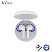 A top view of a cradle opened up and two earbuds inside it with UV lighting on