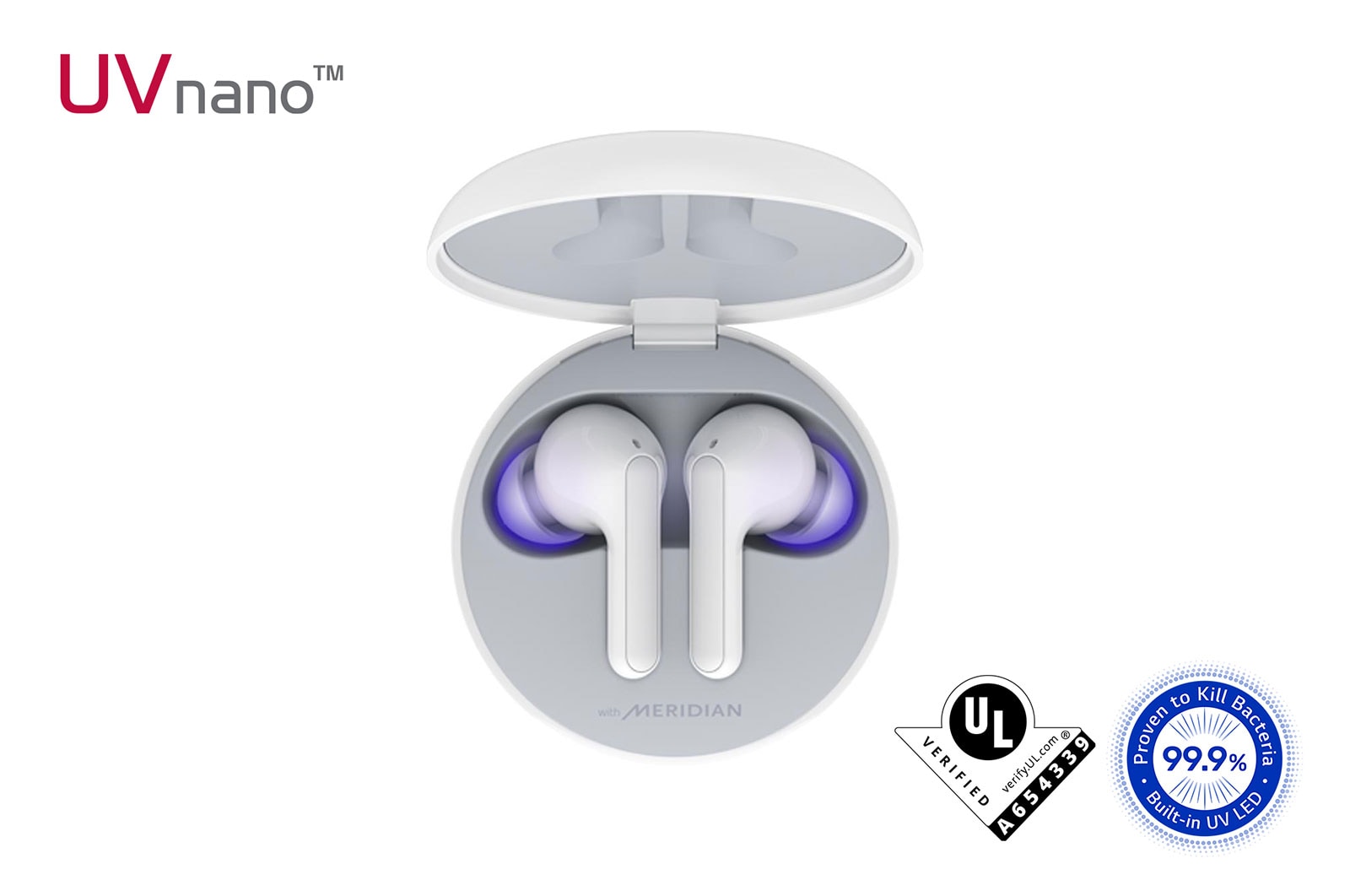 A top view of a cradle opened up and two earbuds inside it with UV lighting on