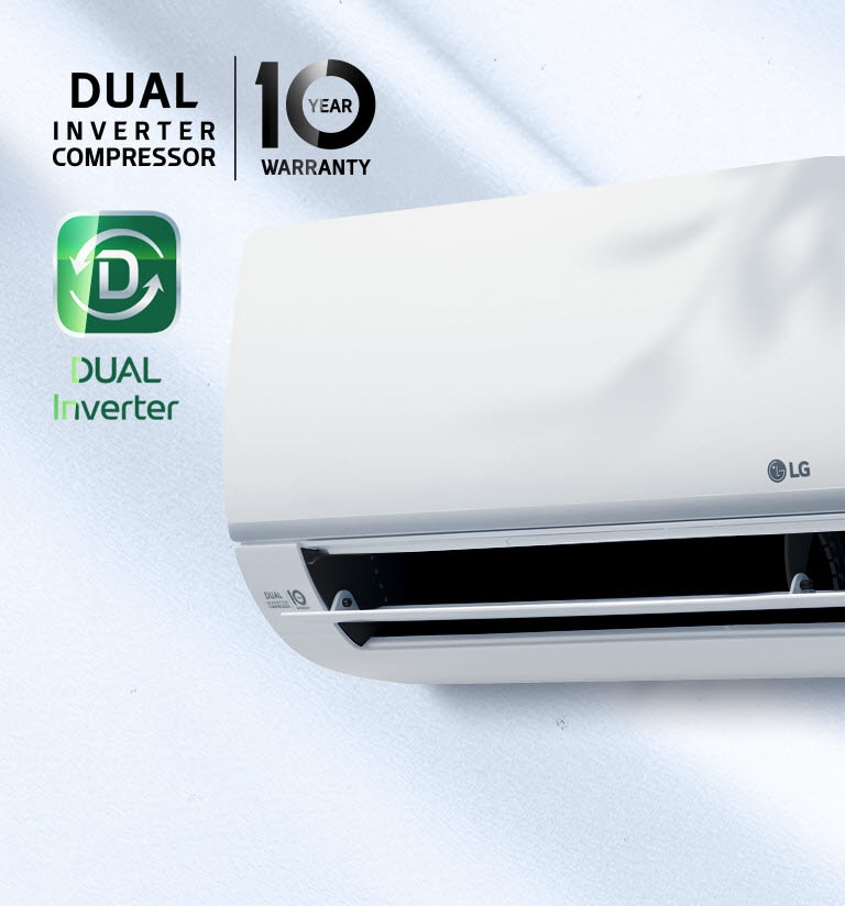 A couple sit on a couch with the air conditioner behind them blowing blue air out as they smile comfortably. To the right is a line graph representing how much money can be saved on electricity bills and a drawing of the inside of the air conditioner.The line graph moves from the top lower as the air conditioner saves the couple money.