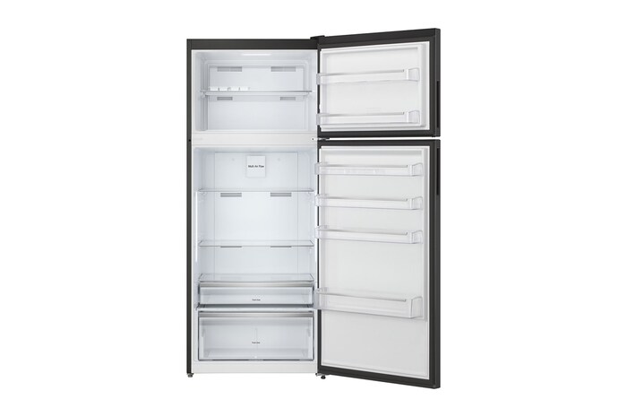 Interior view showing fridge and freezer compartments open