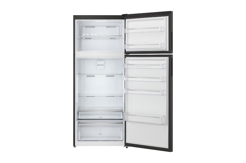 Interior view showing fridge and freezer compartments open