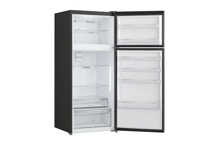 Fridge open from the right, showing clean white interior shelves