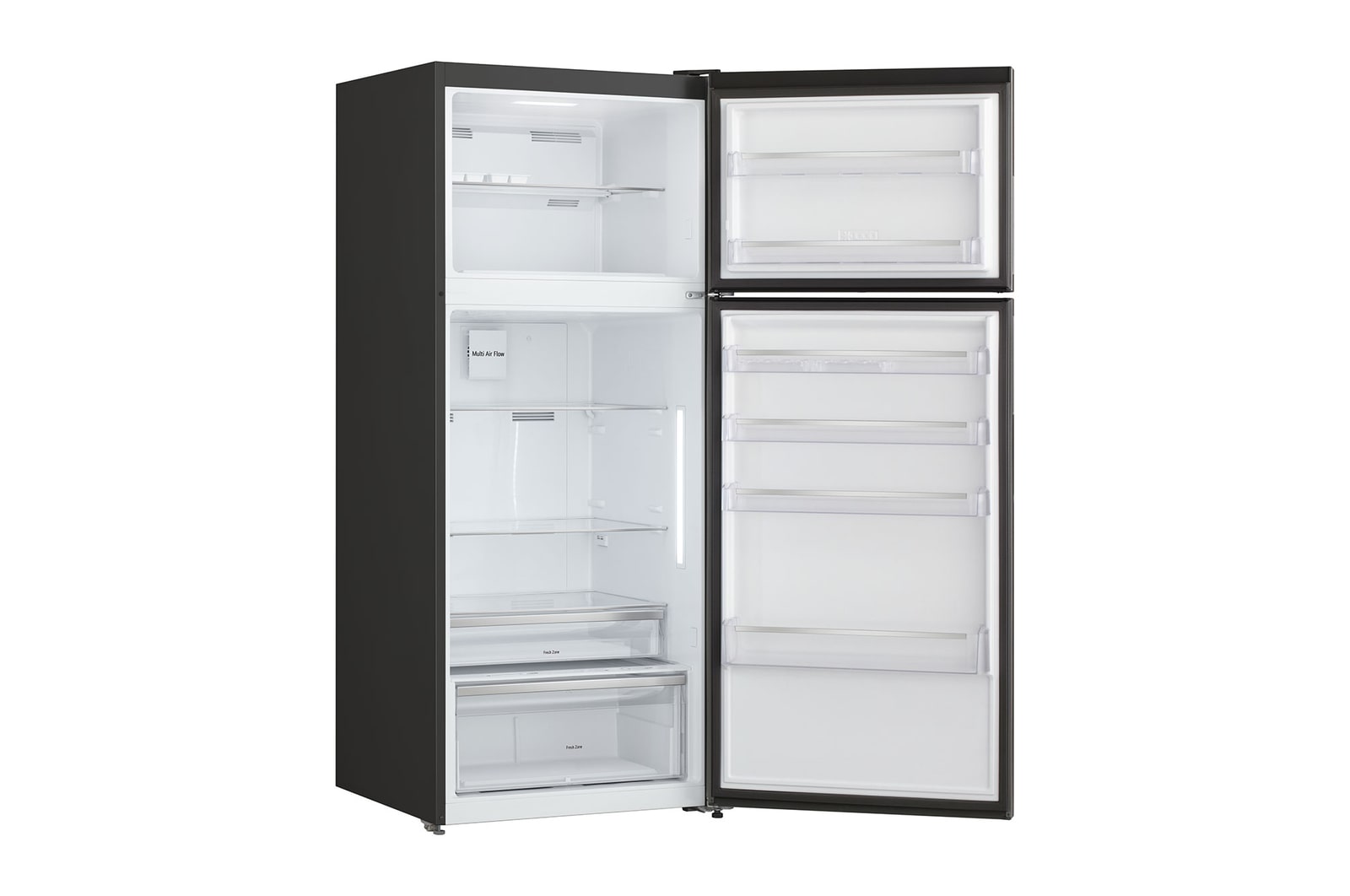Fridge open from the right, showing clean white interior shelves