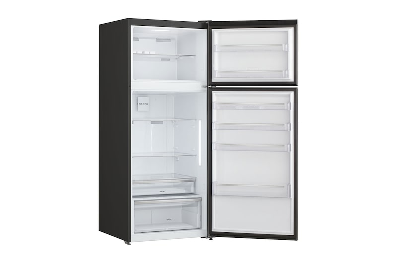 Fridge open from the right, showing clean white interior shelves