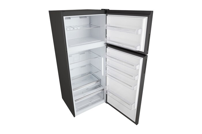 Wide interior of fridge with LED lighting and organized shelving