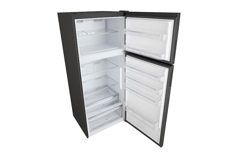 Wide interior of fridge with LED lighting and organized shelving