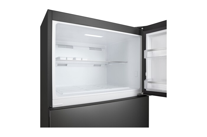 Left side view of the refrigerator with top freezer
