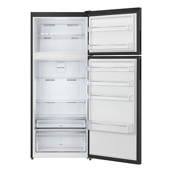 Interior view showing fridge and freezer compartments open