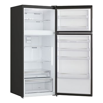 Fridge open from the right, showing clean white interior shelves