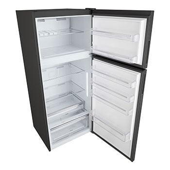 Wide interior of fridge with LED lighting and organized shelving