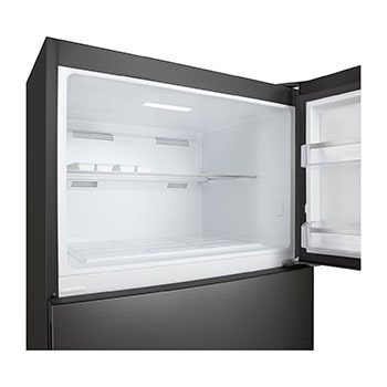 Left side view of the refrigerator with top freezer