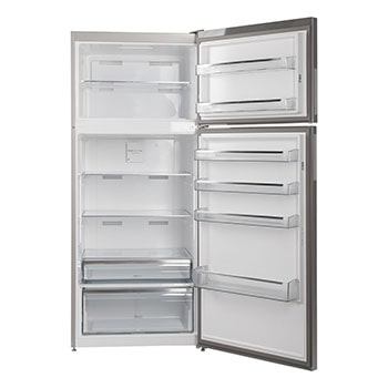 Interior view showing fridge and freezer compartments open