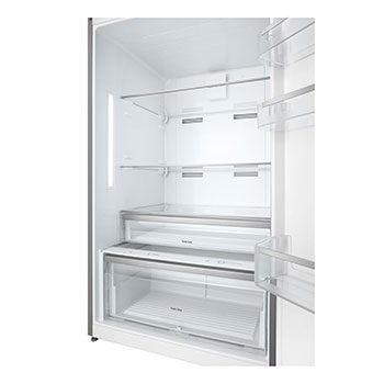 Wide interior of fridge with LED lighting and organized shelving
