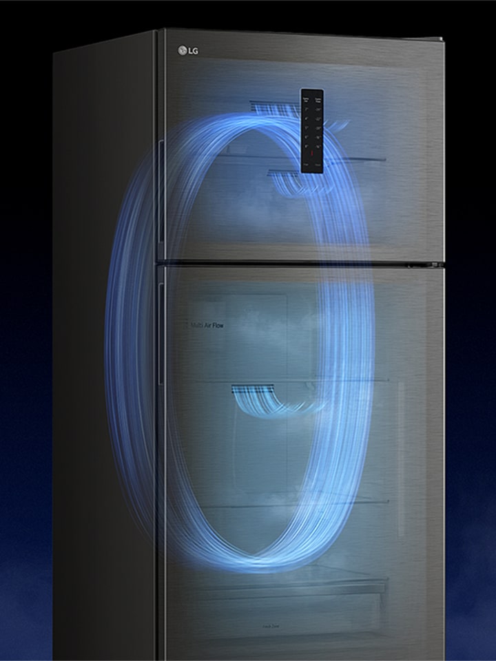 A silver LG refrigerator with top freezer, showing blue airflow inside to illustrate cooling circulation technology	