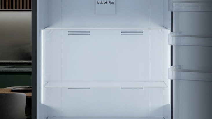 Interior view of fridge with bright LED lighting on both sides for easy visibility and item access.	