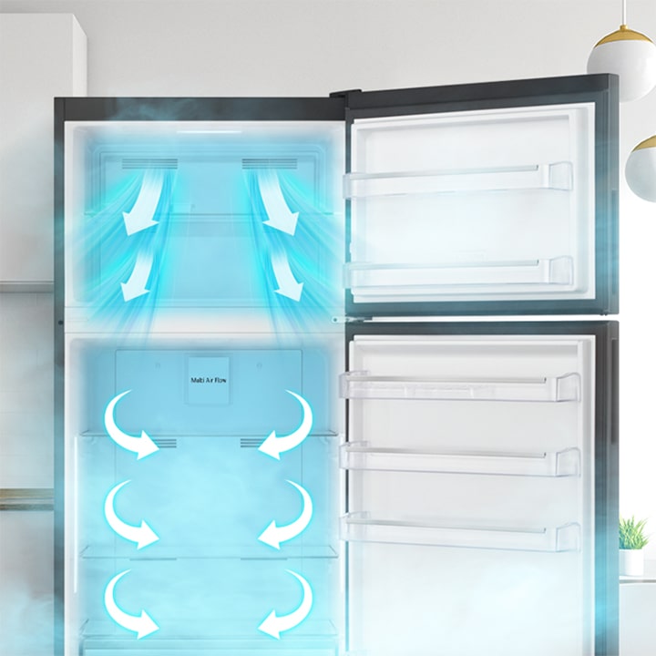 Cool air circulating from vents inside the top freezer refrigerator for consistent temperature and freshness	