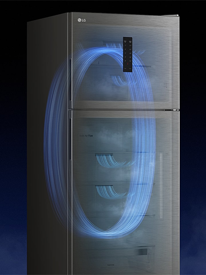 A silver LG refrigerator with top freezer, showing blue airflow inside to illustrate cooling circulation technology