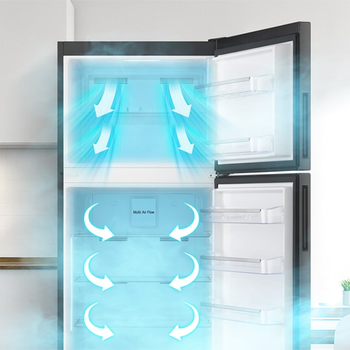 Cool air circulating from vents inside the top freezer refrigerator for consistent temperature and freshness