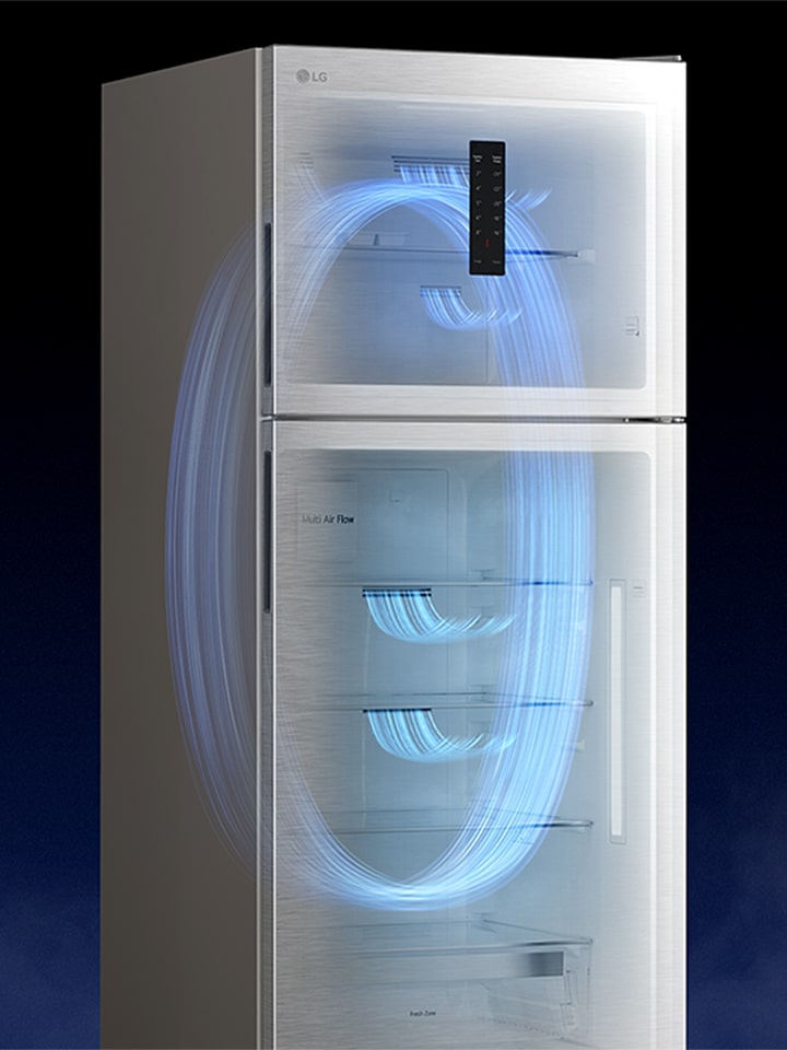 A silver LG refrigerator with top freezer, showing blue airflow inside to illustrate cooling circulation technology