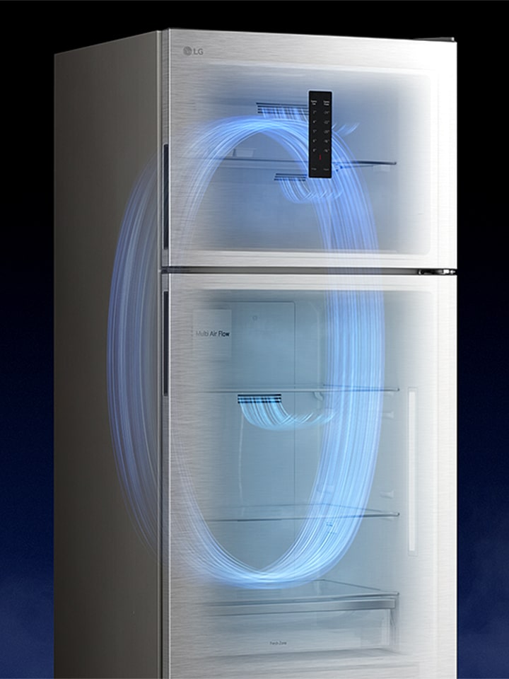 A silver LG refrigerator with top freezer, showing blue airflow inside to illustrate cooling circulation technology