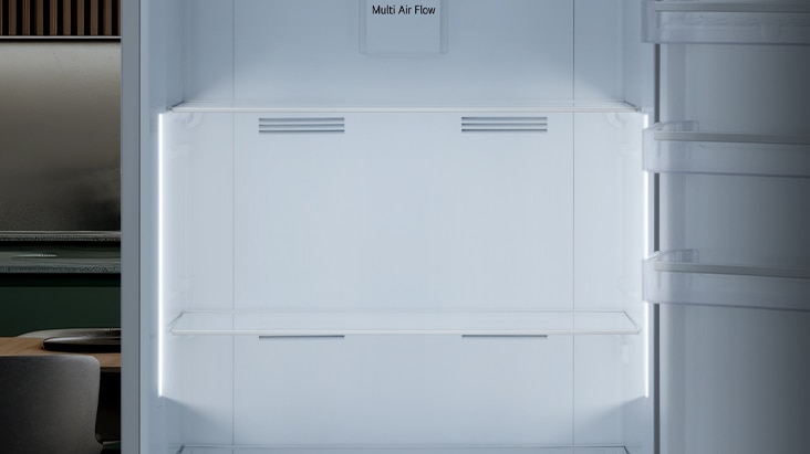 Interior view of fridge with bright LED lighting on both sides for easy visibility and item access.