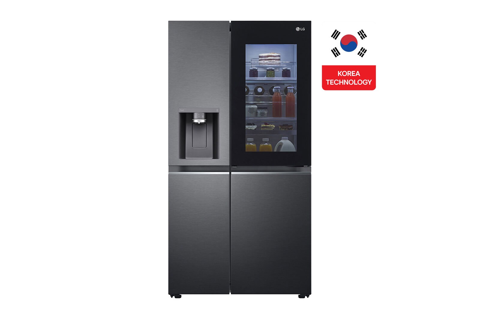 Front view of InstaView Refrigerator, 635 L, Cubic Feet 22, Smart Inverter Compressor™, Door Cooling™, LINEAR Cooling™, ThinQ™, Mattle Black GC-X257CQHS
