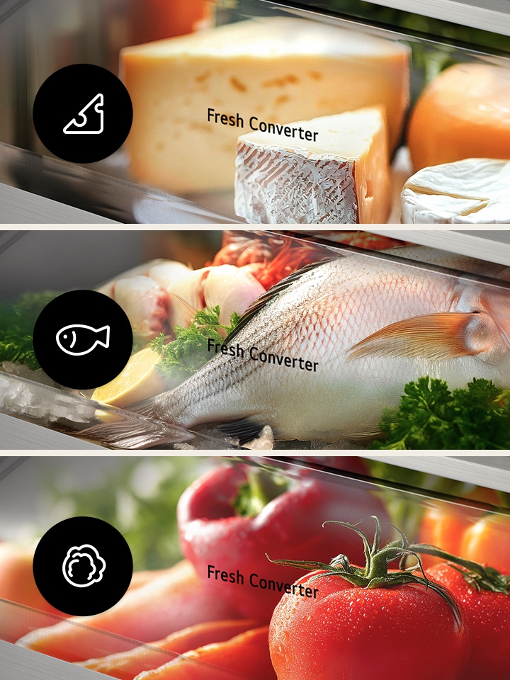 Fresh Converter compartments shown storing cheese, fish, and vegetables at different temperature settings.