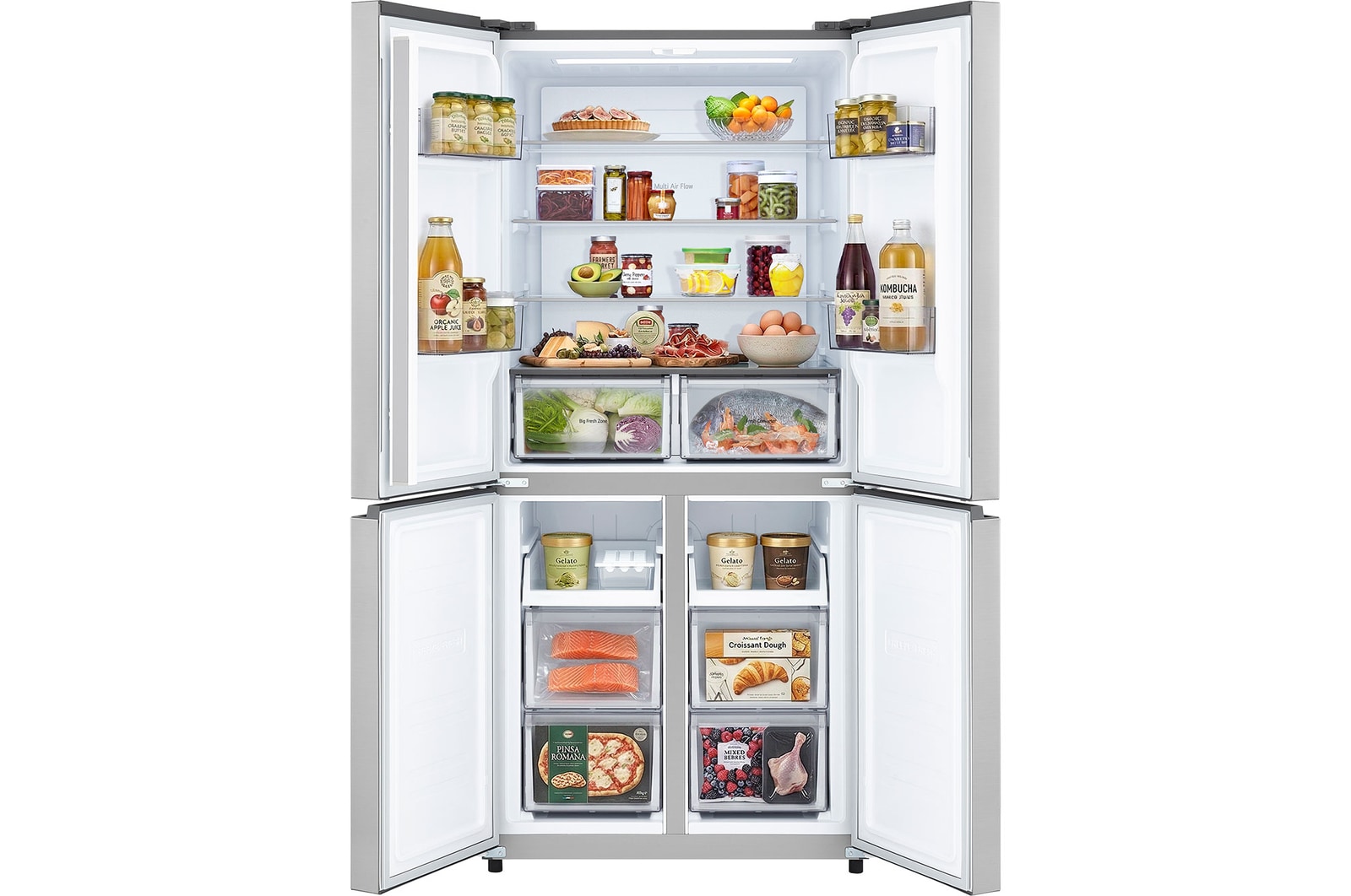LG multi door refrigerator Prime Silver fully stocked interior with organized food storage