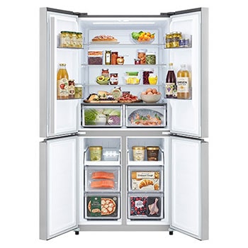 LG multi door refrigerator Prime Silver fully stocked interior with organized food storage