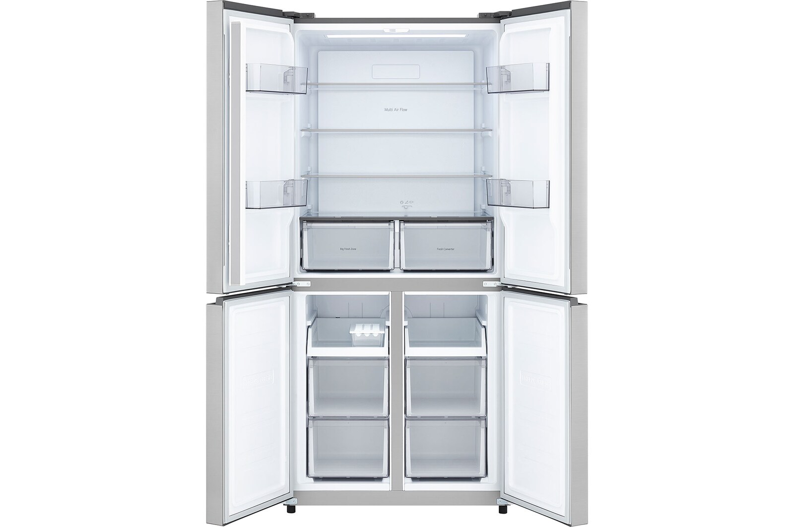 LG multi door refrigerator Prime Silver with all doors open showing full fridge and freezer layout