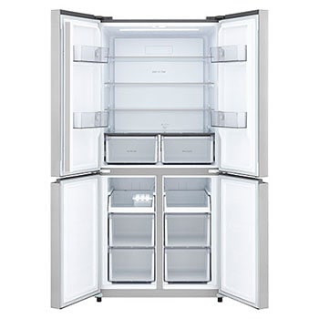 LG multi door refrigerator Prime Silver with all doors open showing full fridge and freezer layout