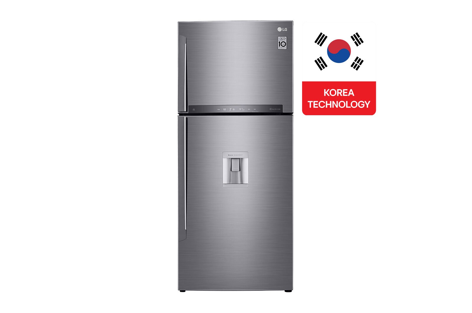 Front view of 509L LG Top Freezer, Dispenser, Silver GN-F722HLHL