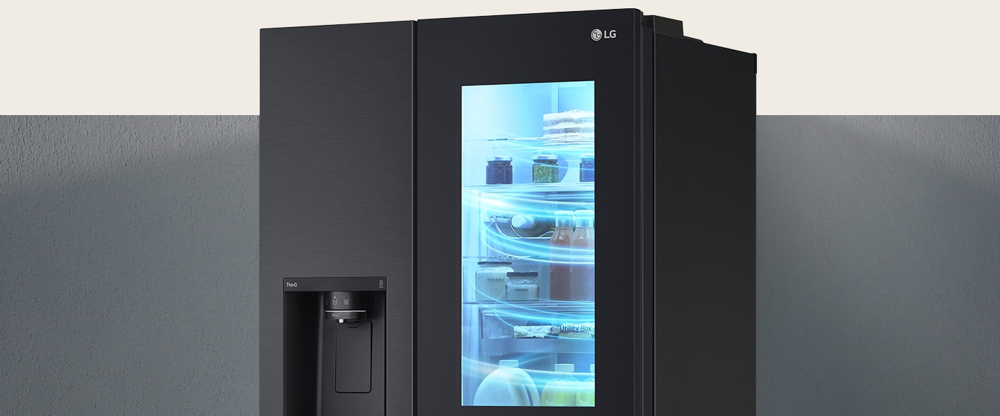 The half-side view of the InstaView refrigerator. This is a picture of a refrigerator filled with cold air.