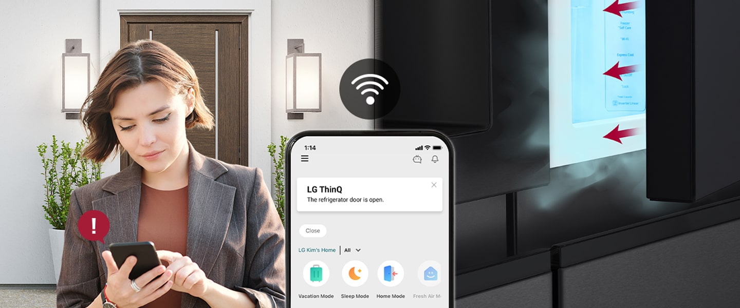 The image on the left shows a woman standing outside the house. The image on the right shows that the refrigerator door has been left open. In the foreground of the two images is the phone screen which shows the LG ThinQ app notifications and the Wifi icon above the phone.