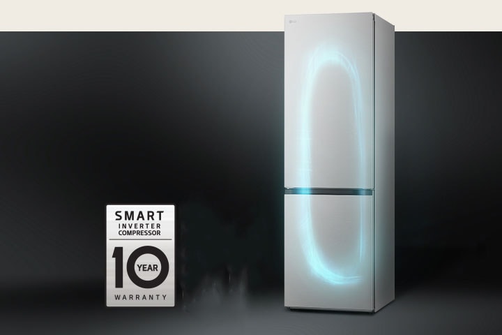 Refrigerator with efficient cooling system by smart inverter compressor and 10-year warranty label of compressor.