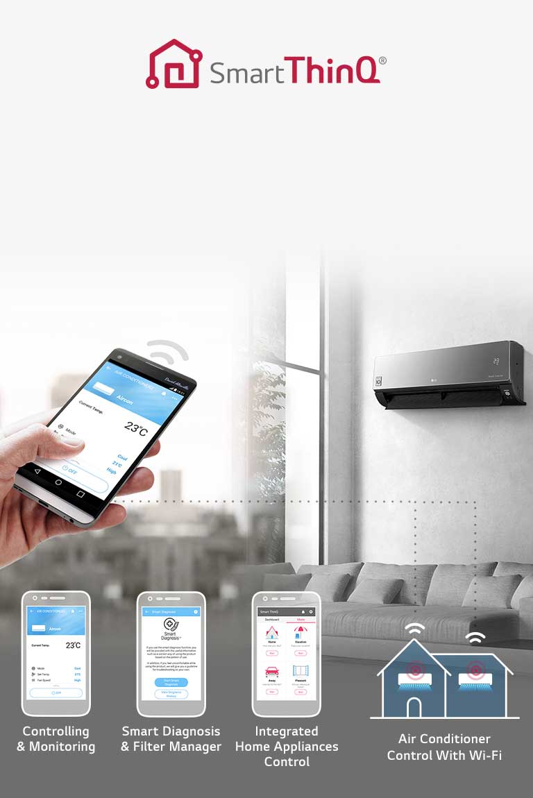 Smartphone controls LG air conditioner via SmartThinQ app, showing features for smart diagnosis and home integration.