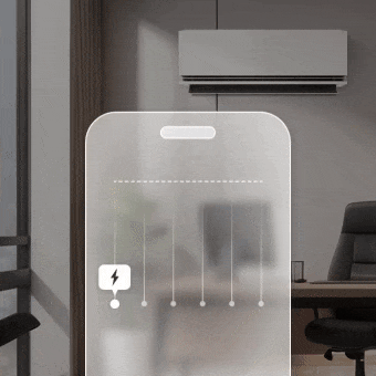 Animation showing LG air conditioner’s kW Manager function on a smartphone for energy consumption control.