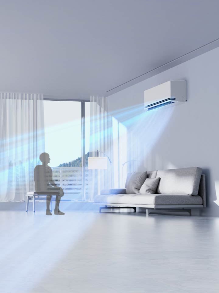 LG air conditioner with AI Air senses room temperature and human location, adjusting airflow to maintain the set temperature.