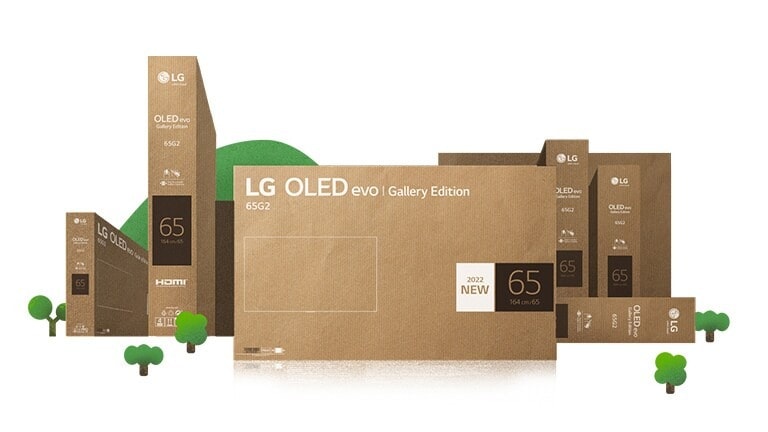 Eco-friendly LG OLED cardboard packaging depicted around thriving trees and mountains.