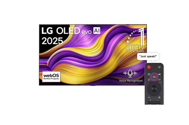 Front view of 77 inch LG OLED evo AI G5 4K 165Hz Smart TV AI Magic remote webOS25 2025  OLED77G56LA