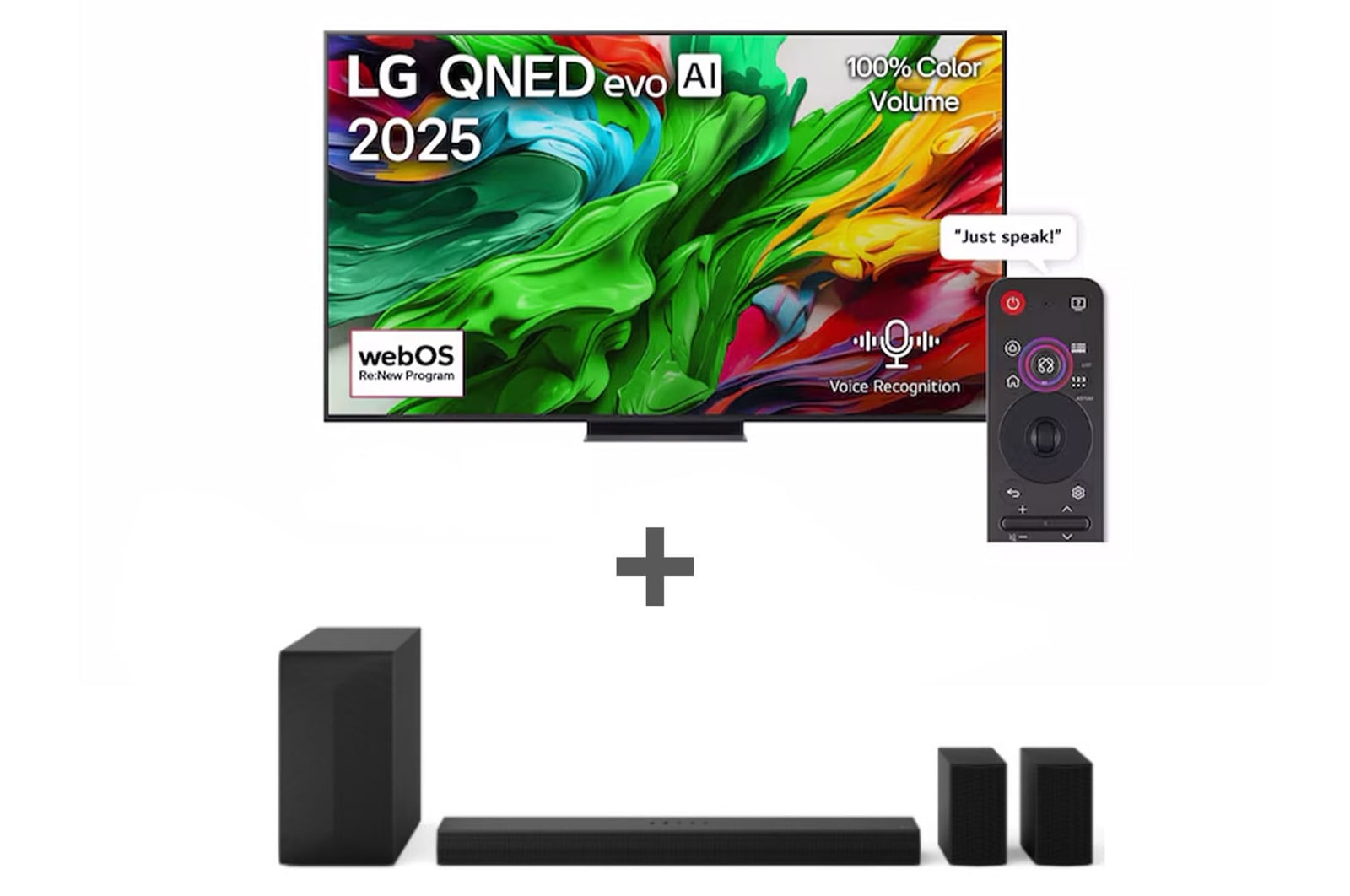 Front view of 100 inch LG QNED evo AI QNED86 MiniLED 4K 120Hz Smart TV AI Magic remote webOS25 2025 + SoundBar with 2 Rear Speakers, Dolby - S65TR 100Q86.S65TR