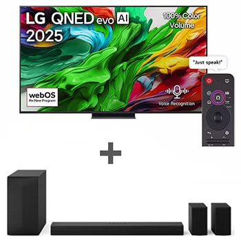 Front view of 100 inch LG QNED evo AI QNED86 MiniLED 4K 120Hz Smart TV AI Magic remote webOS25 2025 + SoundBar with 2 Rear Speakers, Dolby - S65TR 100Q86.S65TR
