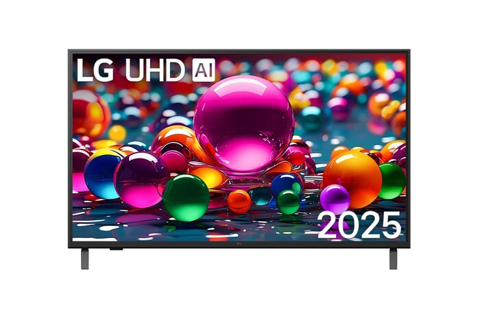 Front view of UHD UA75 TV, LG UHD Al Logo on the top corner. LG UHD TV depicts colorful paintike textures coming together.