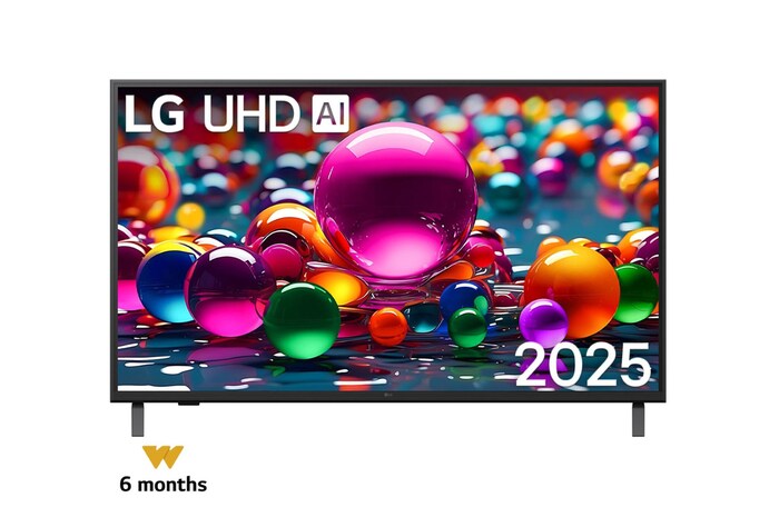 Front view of UHD UA75 TV, LG UHD Al Logo on the top corner. LG UHD TV depicts colorful paintike textures coming together.