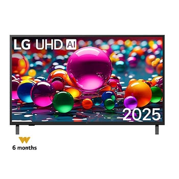 Front view of UHD UA75 TV, LG UHD Al Logo on the top corner. LG UHD TV depicts colorful paintike textures coming together.