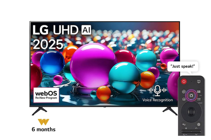 Front view of UHD UA75 TV, LG UHD Al Logo on the top corner. LG UHD TV depicts colorful paintike textures coming together.