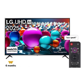 Front view of UHD UA75 TV, LG UHD Al Logo on the top corner. LG UHD TV depicts colorful paintike textures coming together.