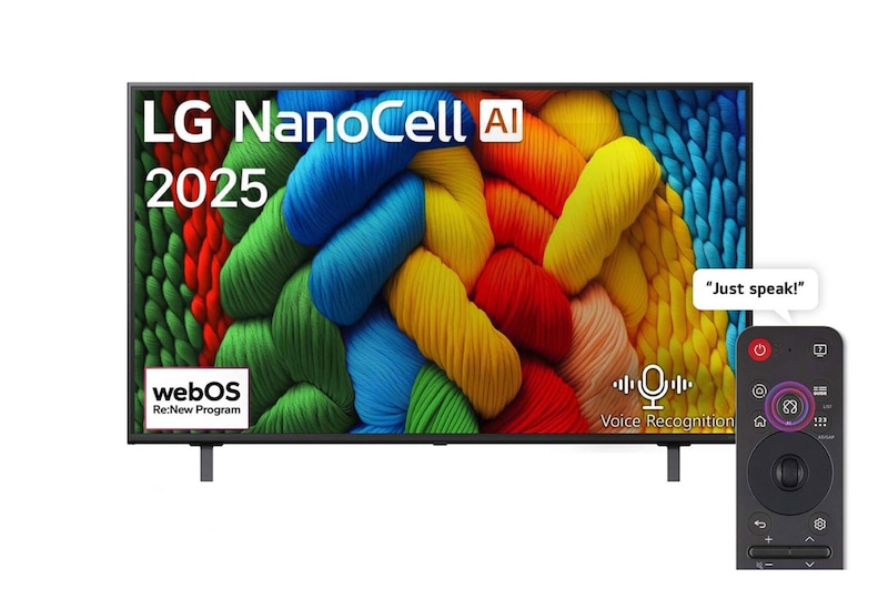 Front view of 50 inch LG NanoCell AI NANO80 4K Smart TV AI Magic remote HDR10 webOS25 2025  50NANO80A6A