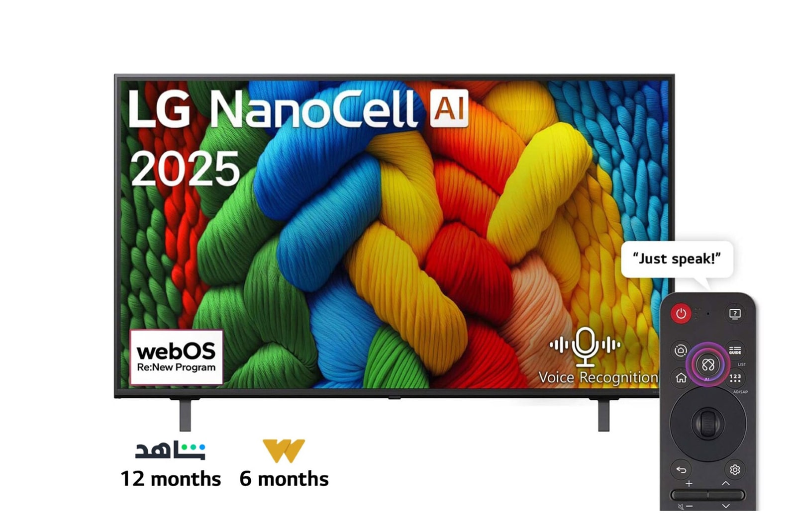 Front view of NanoCell TV, LG NanoCell Al Logo on the top corner. LG NanoCell NANO80 TV depicts colorful paintike textures coming together.