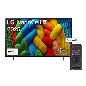 Front view of 50 inch LG NanoCell AI NANO80 4K Smart TV AI Magic remote HDR10 webOS25 2025  50NANO80A6A